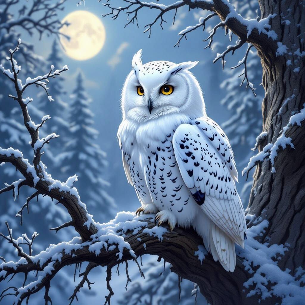 Majestic Snow Owl in Moonlit Winter Forest