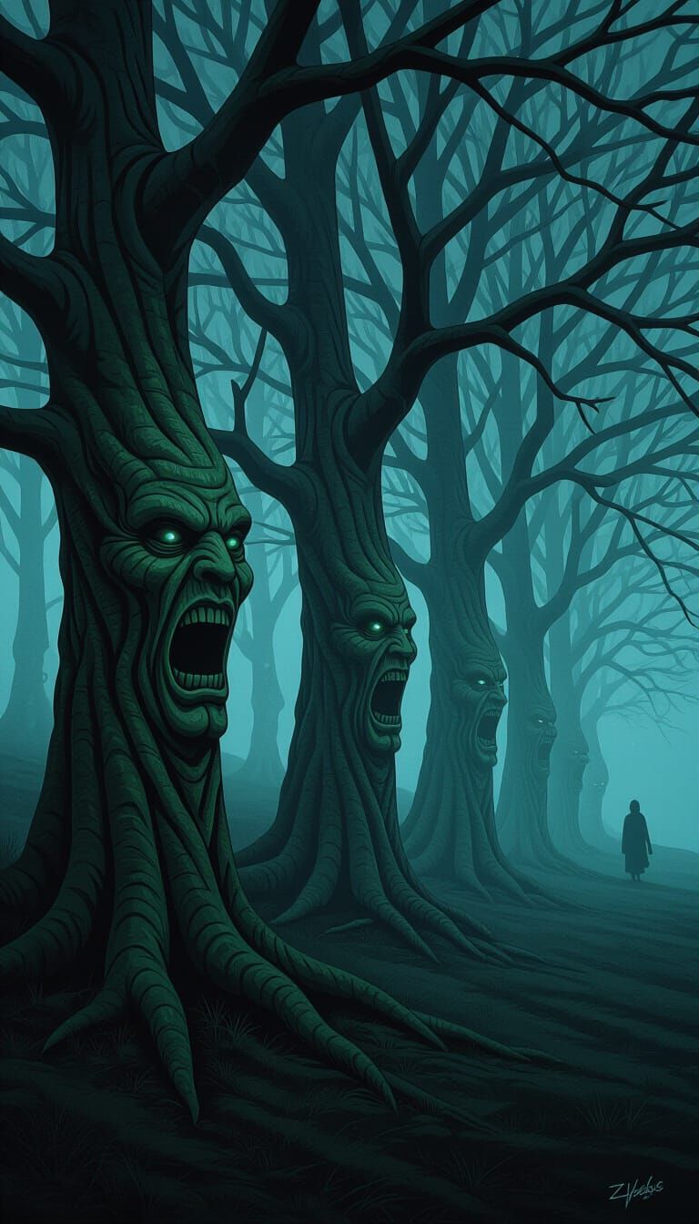 Gnarled Forest Faces in Dark Fantasy Art