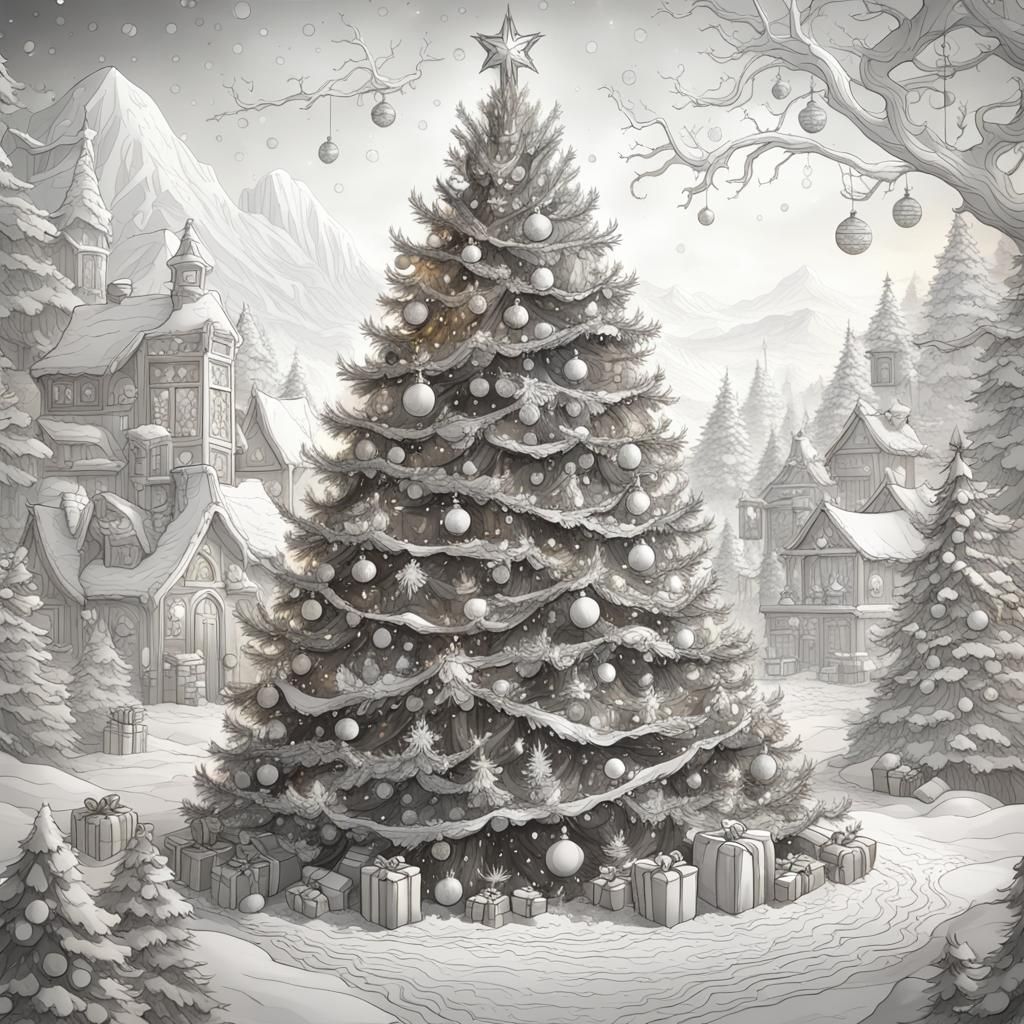 Christmas Tree Coloring Page for Adults: Detailed Art