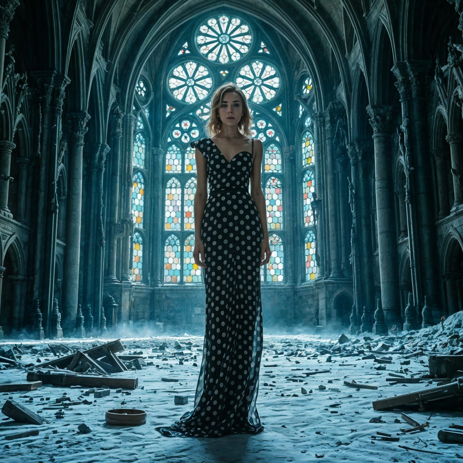 Post-Apocalyptic Cathedral with Woman in Polka Dots