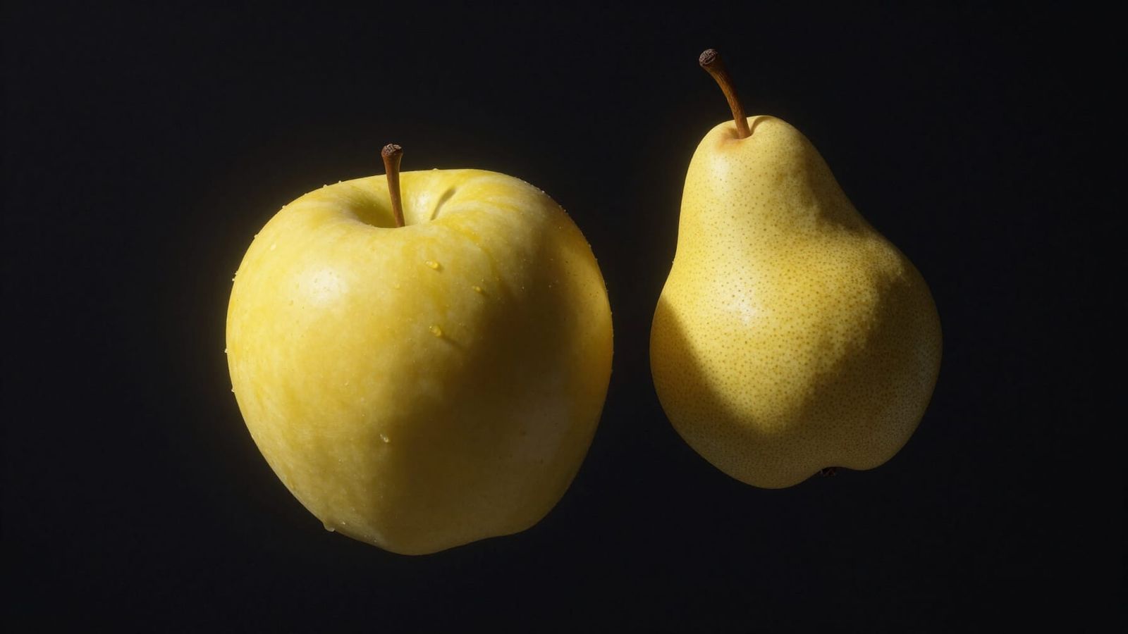 Yellow Apple and Pear in Deep Space, Minimalist Style