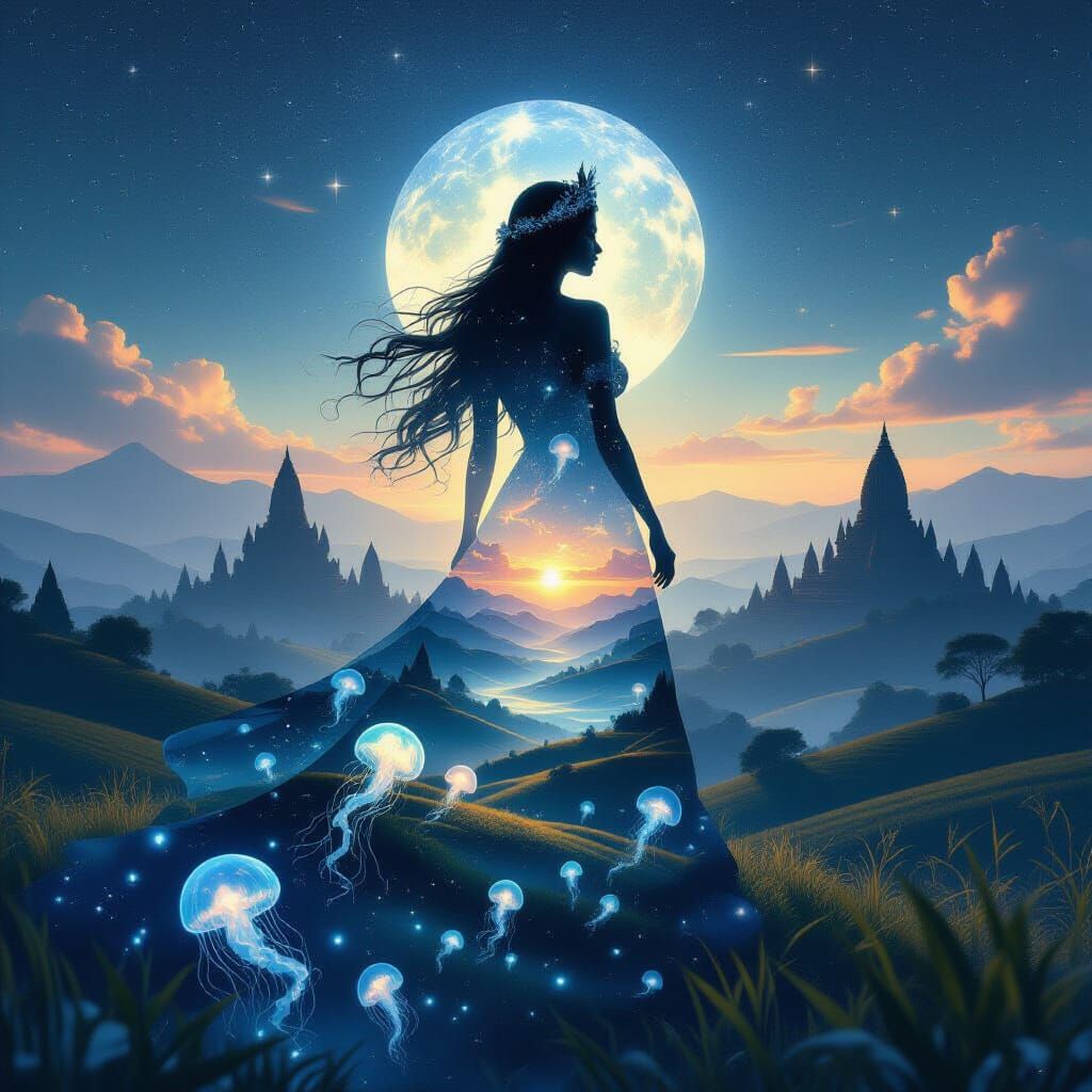 Goddess Silhouette in Dreamy Landscape, Digital Art