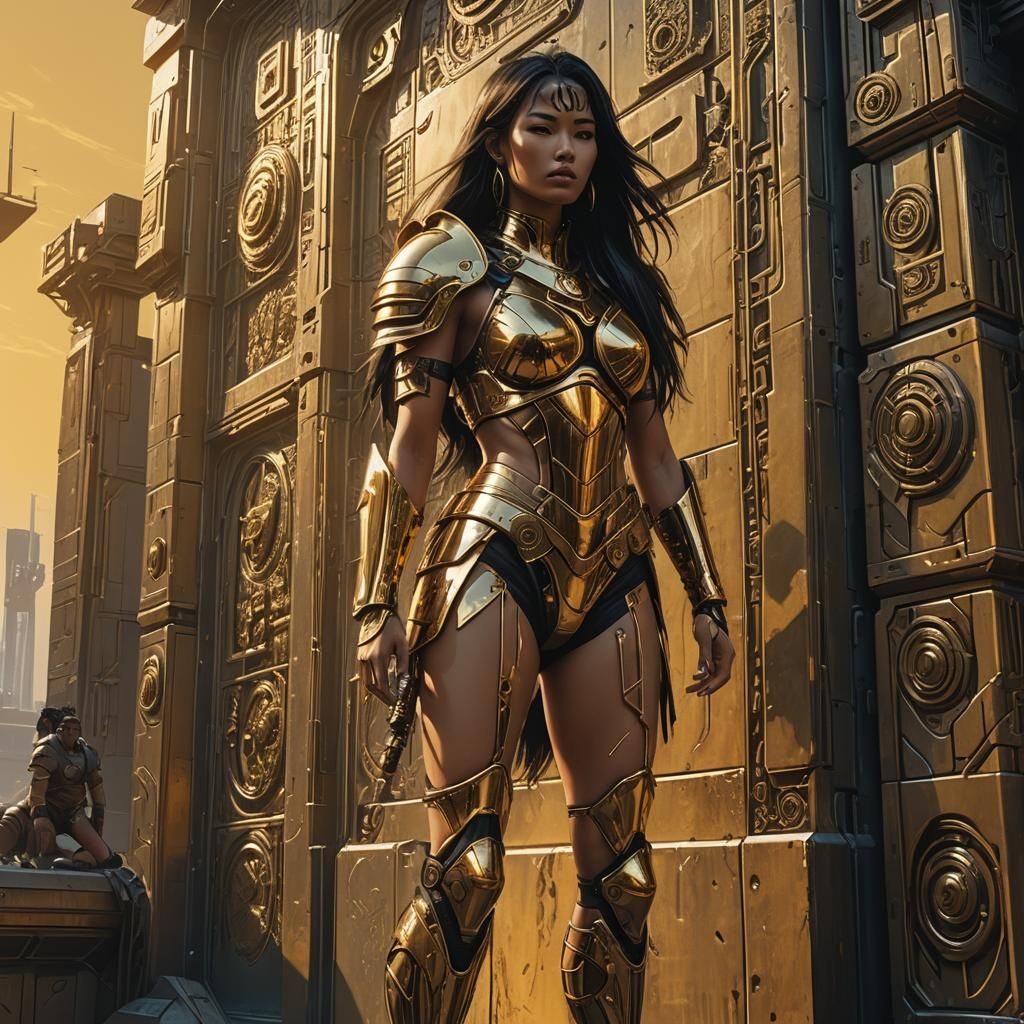Cyberpunk Asian Woman in Golden Bikini on Metallic Wall