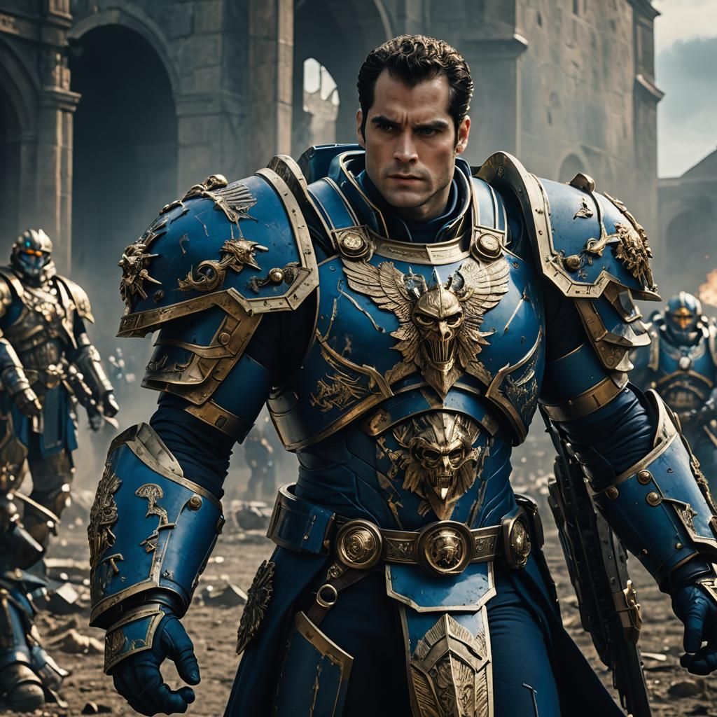 henry cavill as Roboute guilliman, wearing blue power armor, warhammer 40,000 art, a masterpiece