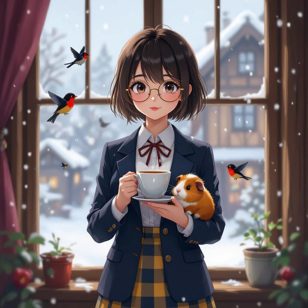Anime Girl with Guinea Pig and Tea in Rustic Home