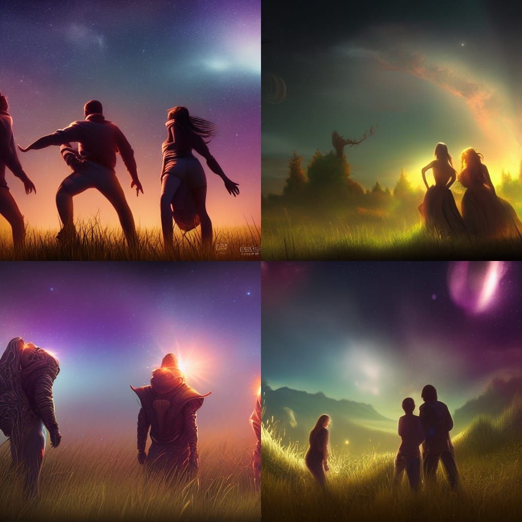 Friends Stargazing at Night: Detailed Fantasy Art