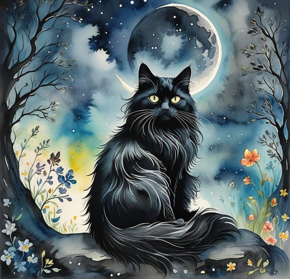Whimsical Black Cat in Moonlight: Ink and Wash Painting