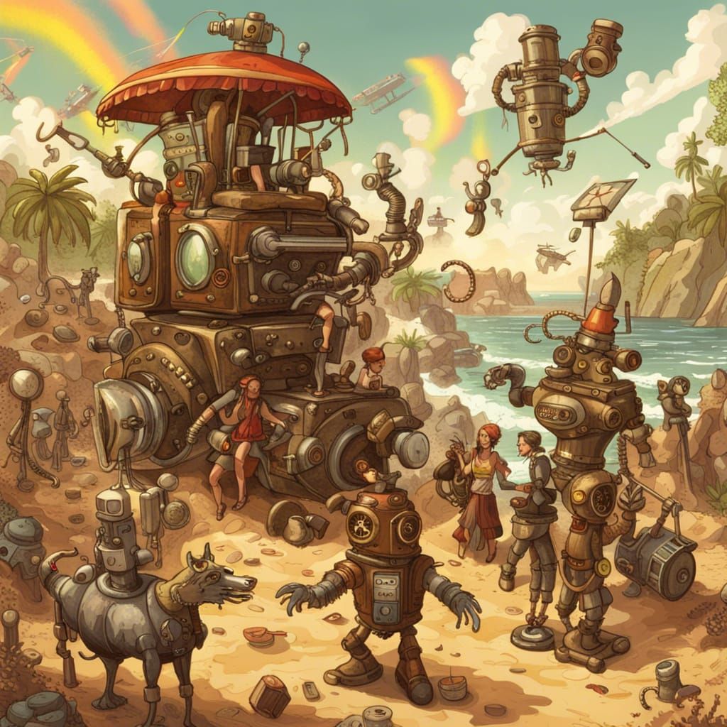 Steampunk Reggae Beach Party with Dancing Robots