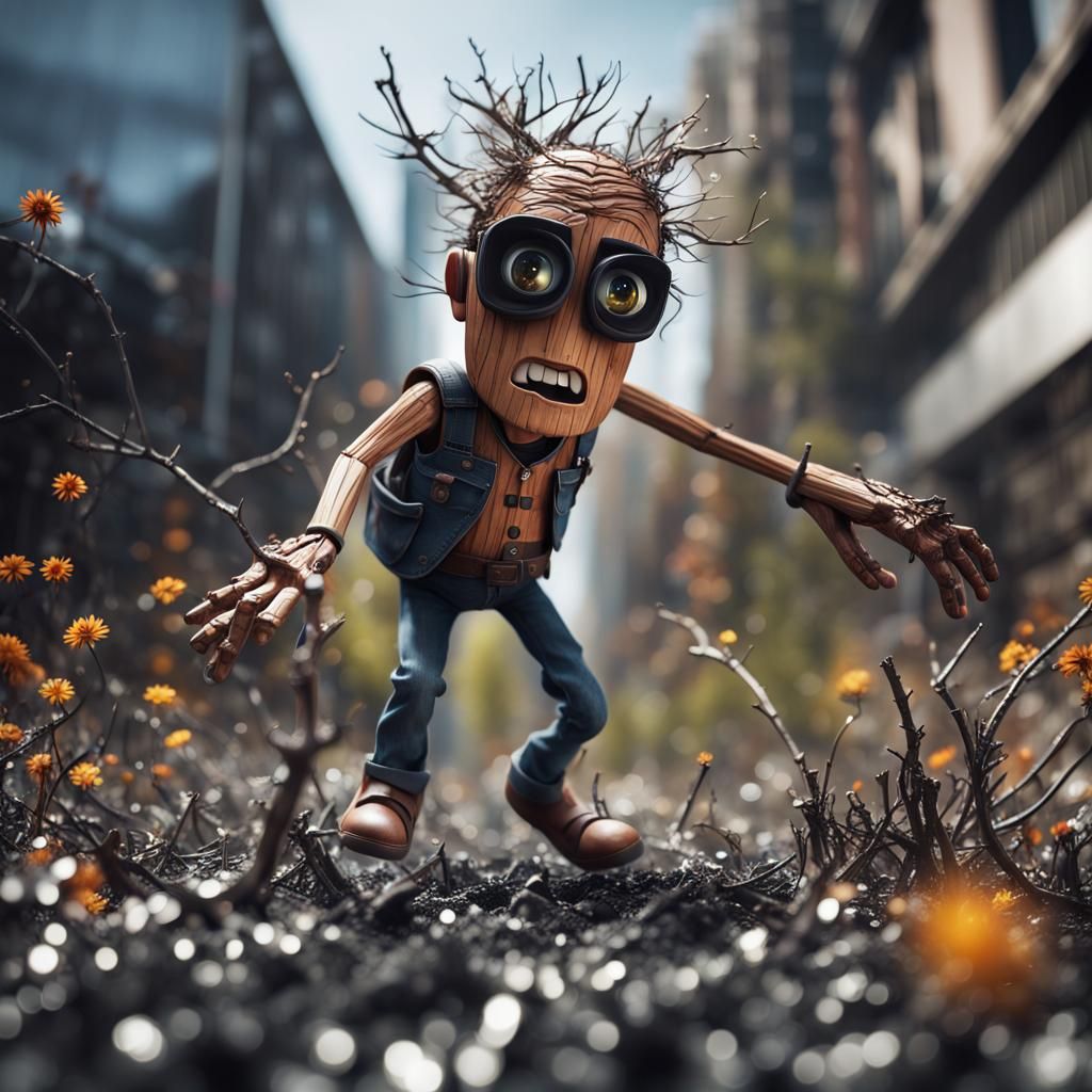 Hyperrealistic Woody Doll Running from Danger