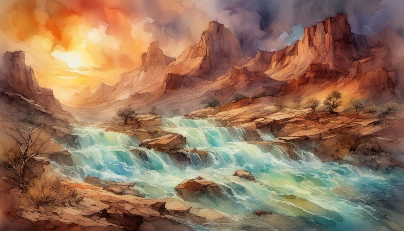 Fierce Rainstorm with Raging Waters Running through a Slot Desert Sunset Color Palette,  Watercolor and Alcohol Ink, Dra...