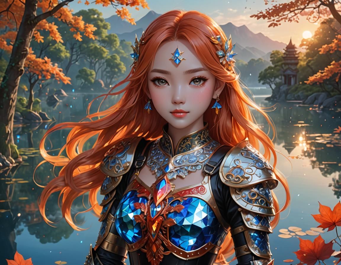 Sunset Lake Scene with Crystal Armored Girl