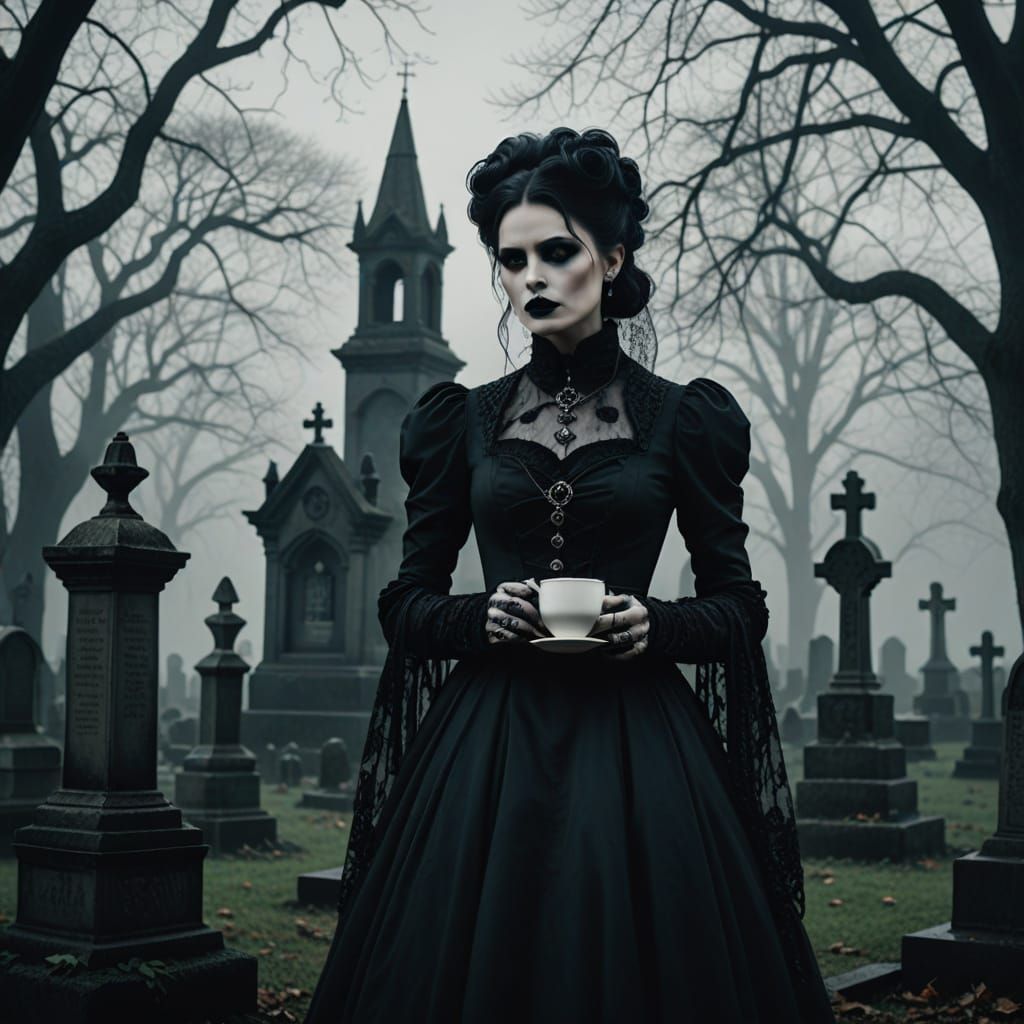 Goth Model Sips Coffee in Foggy Graveyard