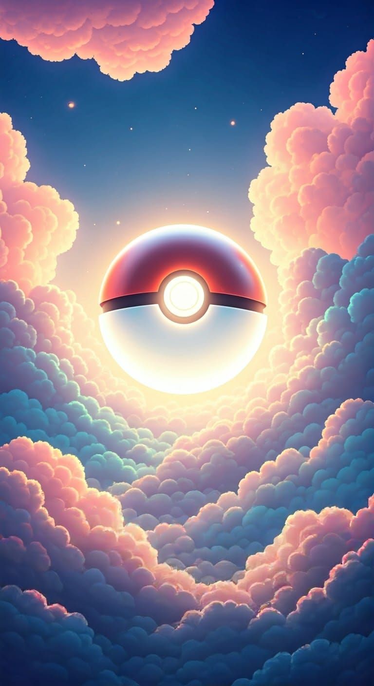 Glowing Pokeball Amidst Whimsical Cloudscape