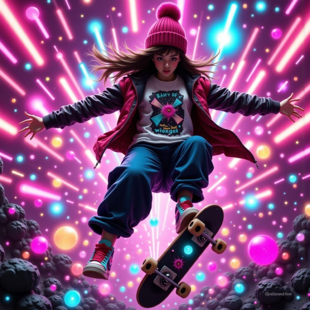 Skater Girl in Retro-Futuristic Neon Landscape