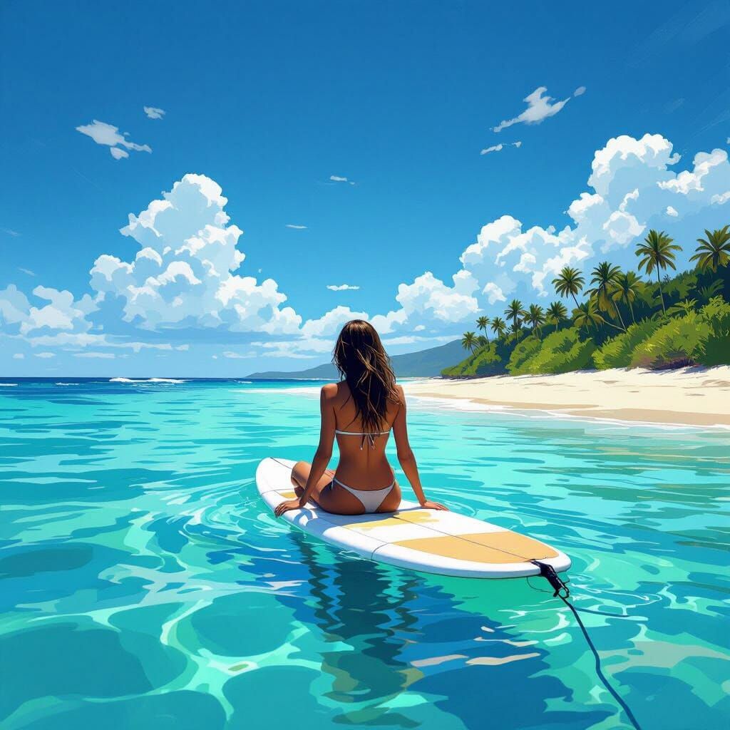 Woman Surfing Clear Turquoise Water, Impressionist Style