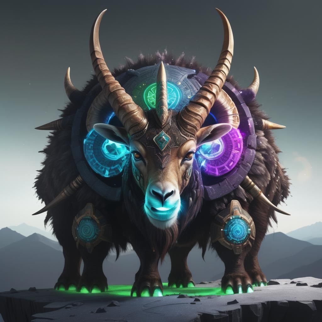 Aztec Ibex on Crystalline Mammoth: 3D Digital Art