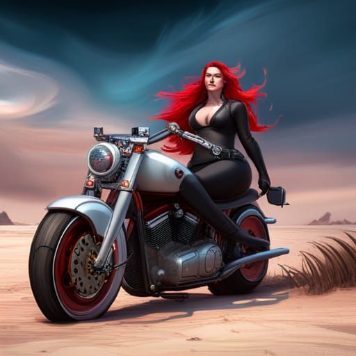 Redhead Rides Motorcycle in Dark Fantasy Style