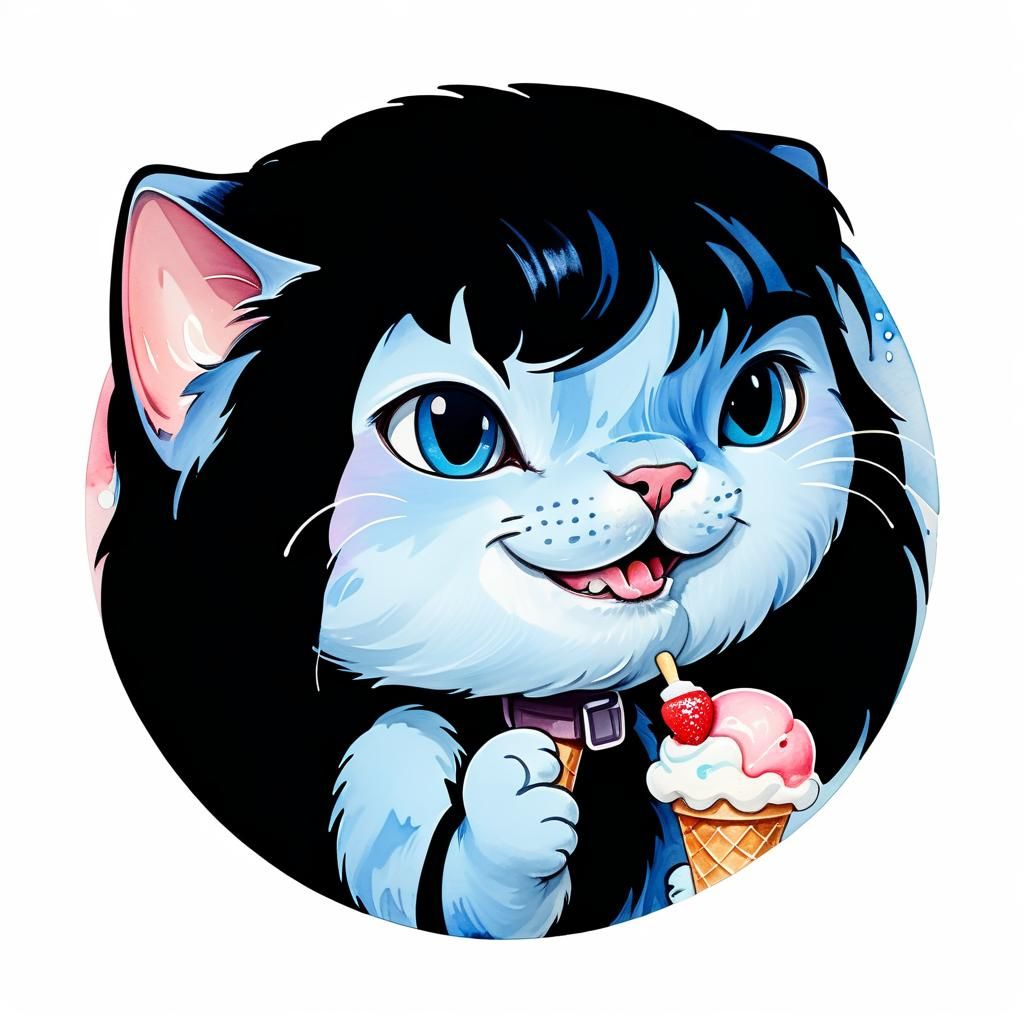 Blue Cartoon Cat Enjoys Ice Cream: Watercolor Art