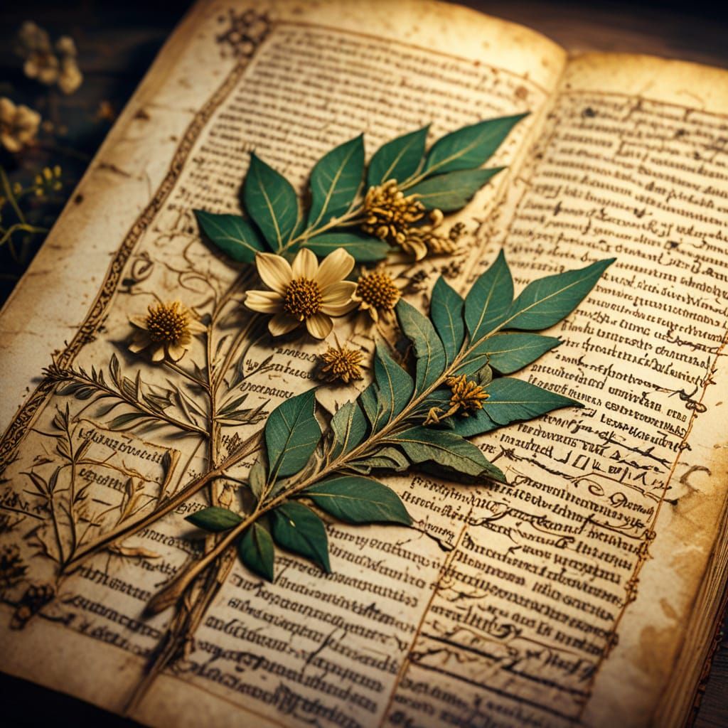 Detailed Medieval Manuscript with Botanical Illustrations