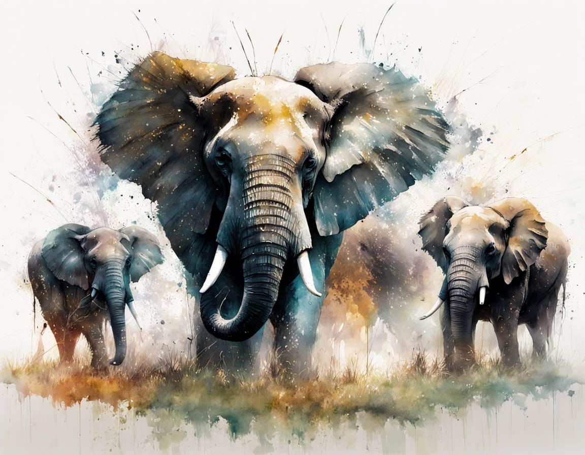 African Grasslands: Watercolor Elephants on White
