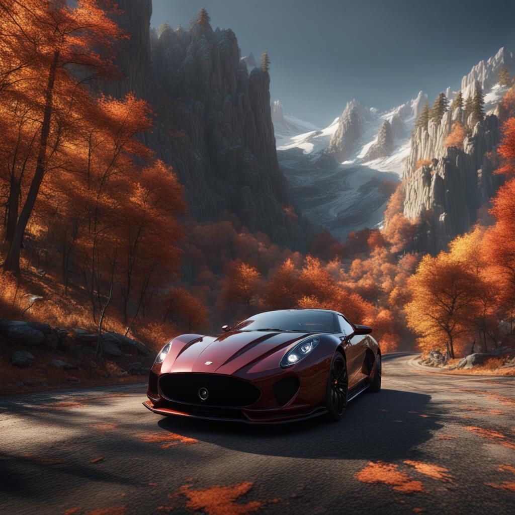 Exotic Car on Mountain Road in Autumn