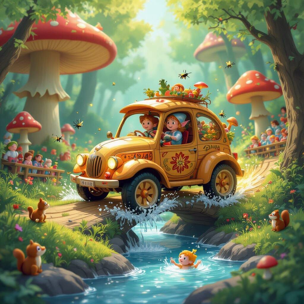 Whimsical Wooden Car Adventure in Magical Forest