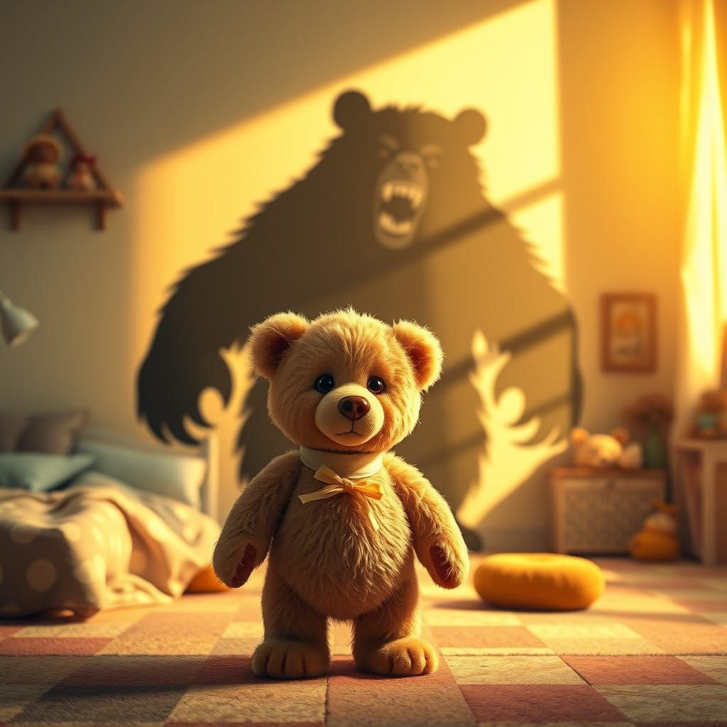 Whimsical Teddy Bear Confronts Dark Shadow in Pastel Paradis...
