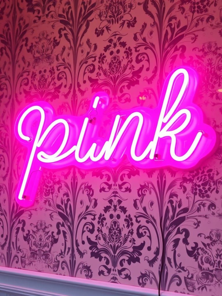 Vibrant Neon 'Pink' Sign on Decorative Wallpaper