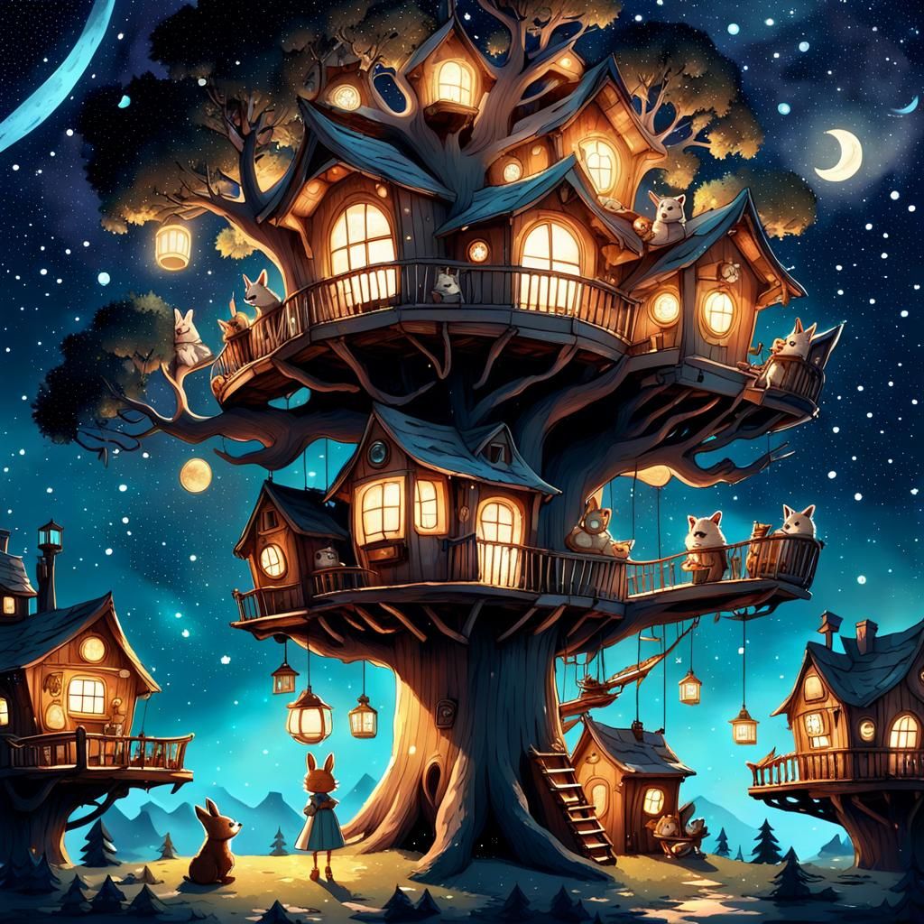 Girl in Giant Tree Surrounded by Animals