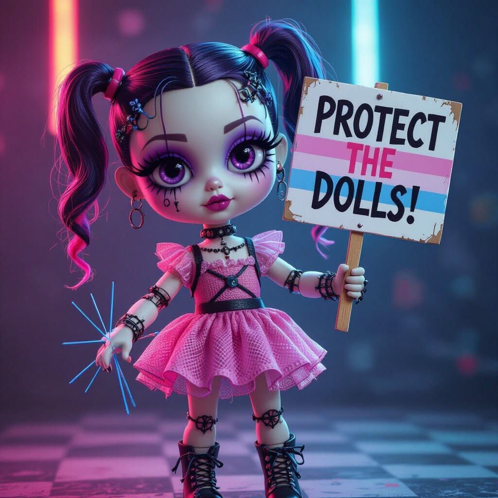 Goth Voodoo Doll with Pigtails Holding Protest Sign
