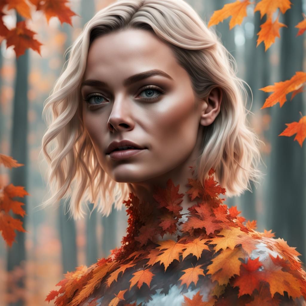 Isometric Autumn Foliage Woman Portrait, Photorealistic Art