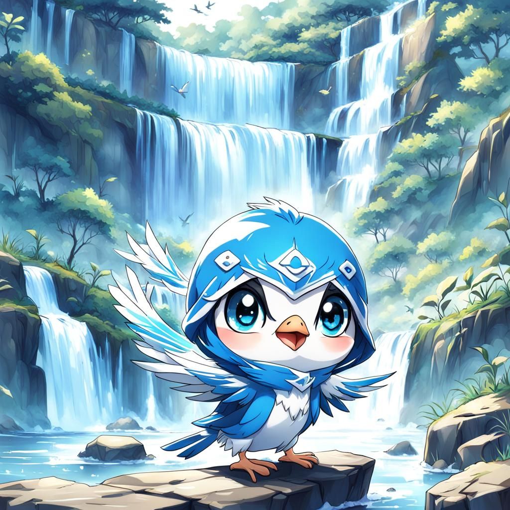 Cute Blue Chibi Sparrow with Waterfall Background