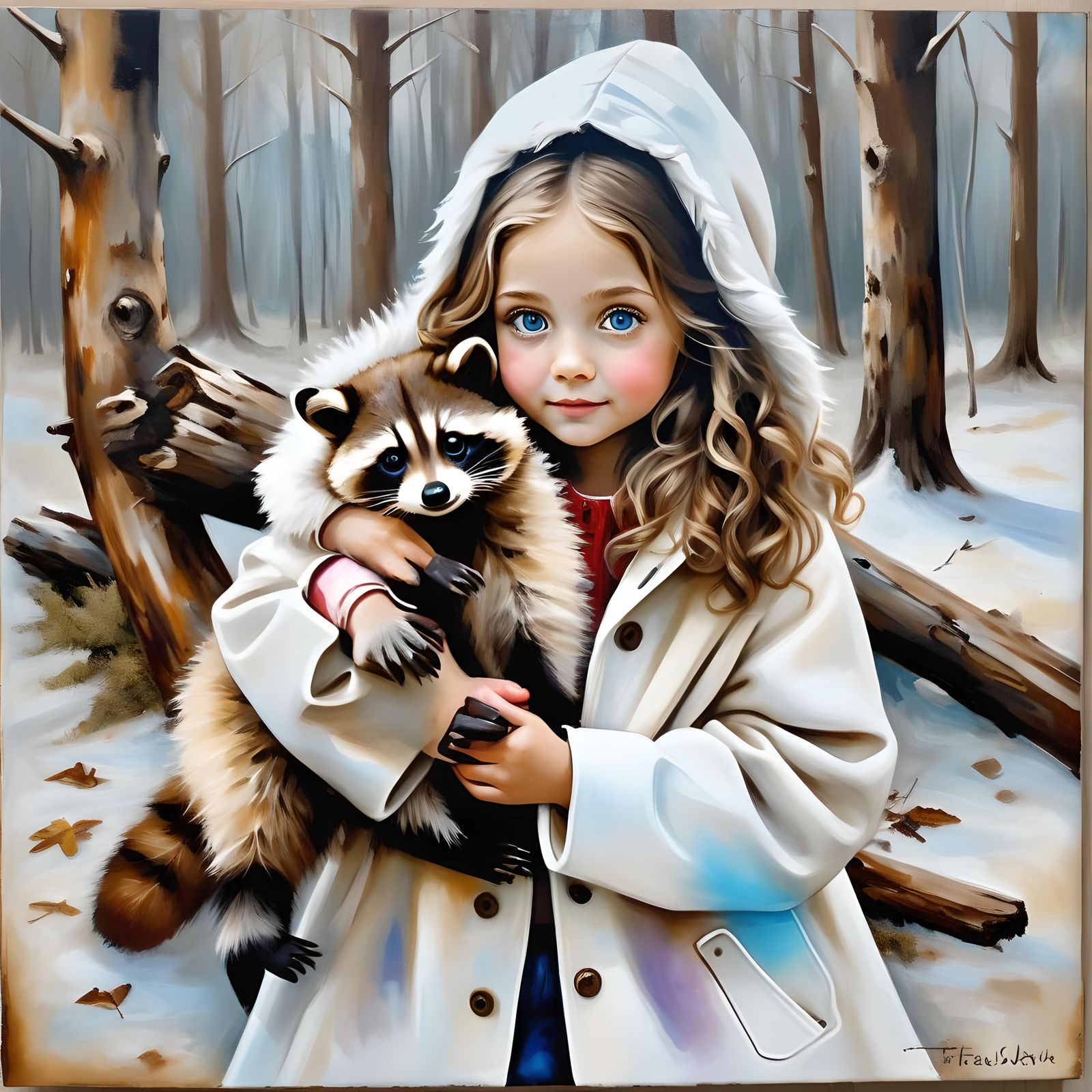 Girl and Raccoon in Encaustic Painting Style