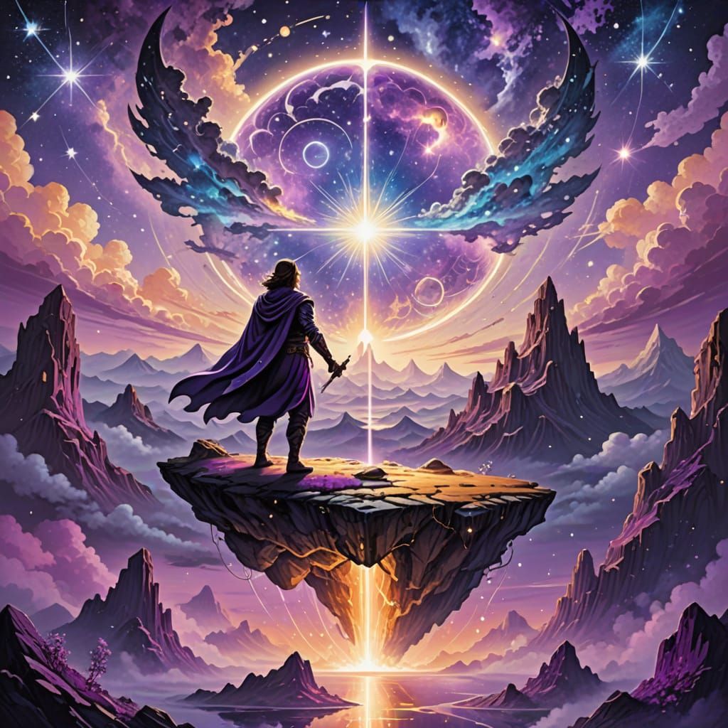 Surreal Cosmic Duel in Vibrant Purples and Golds