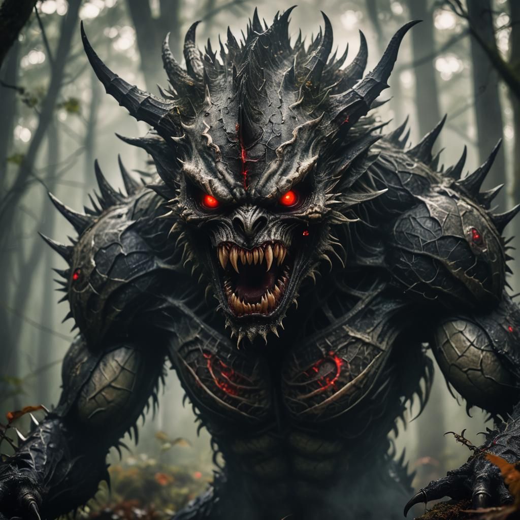 Grotesque Monster Emerges from Misty Forest: Gothic Macro Sh...