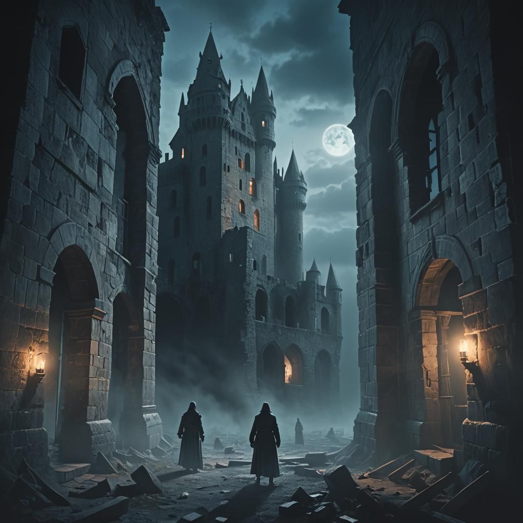 Eerie Castle Window Scene in Film Noir Style