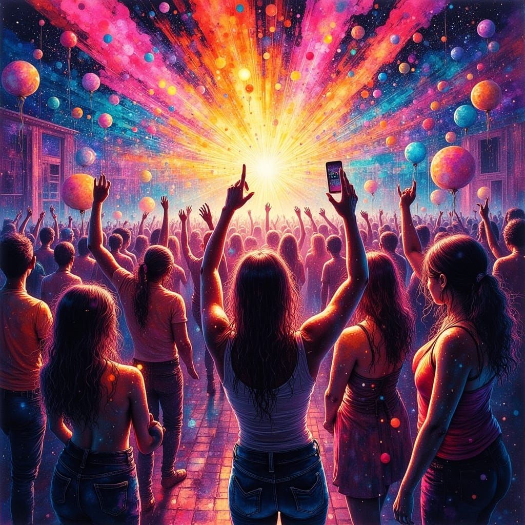 Vibrant Pop Art Party Scene with Dancing Figures and Lights