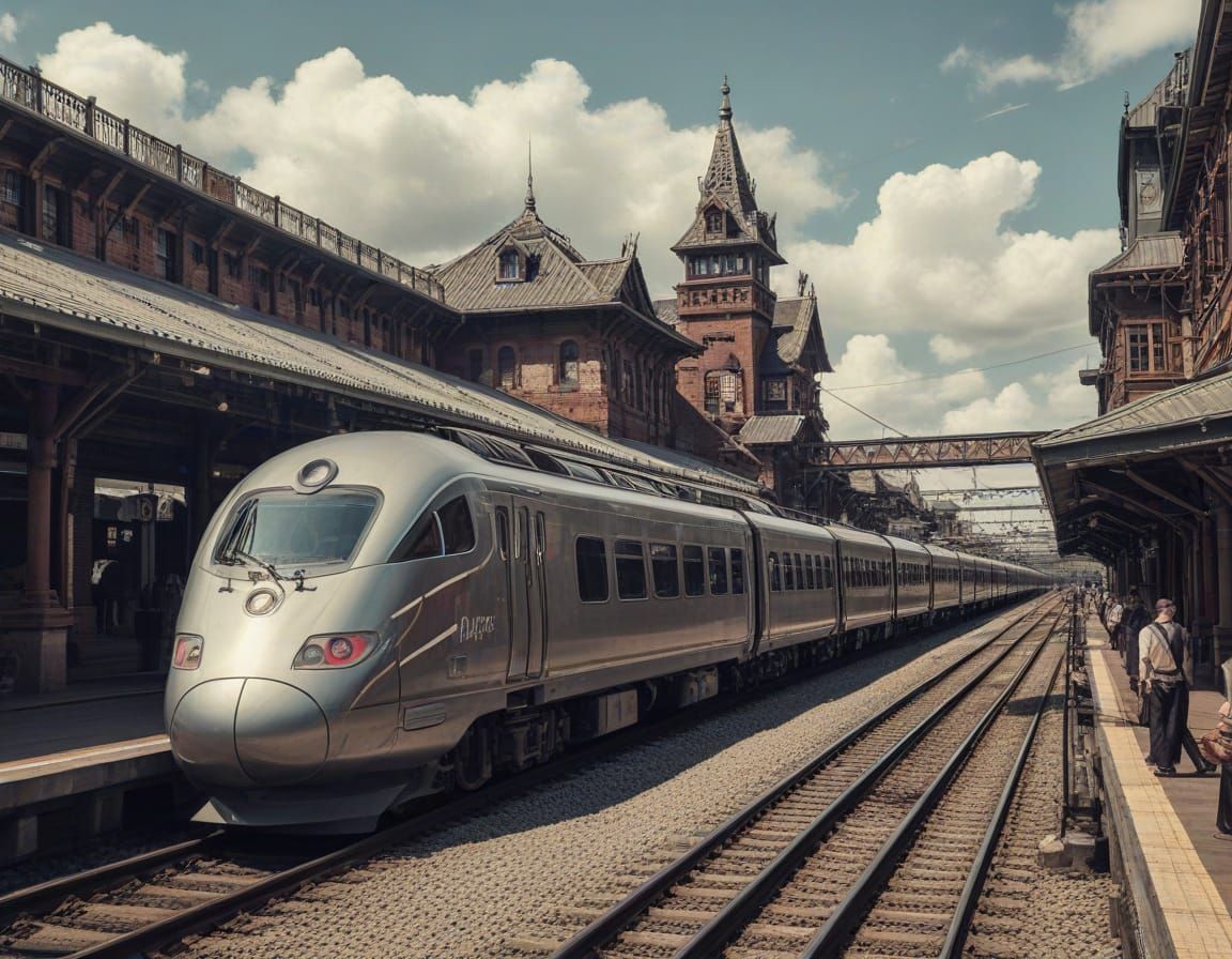 Dieselpunk bullet train with train station and  in the background,