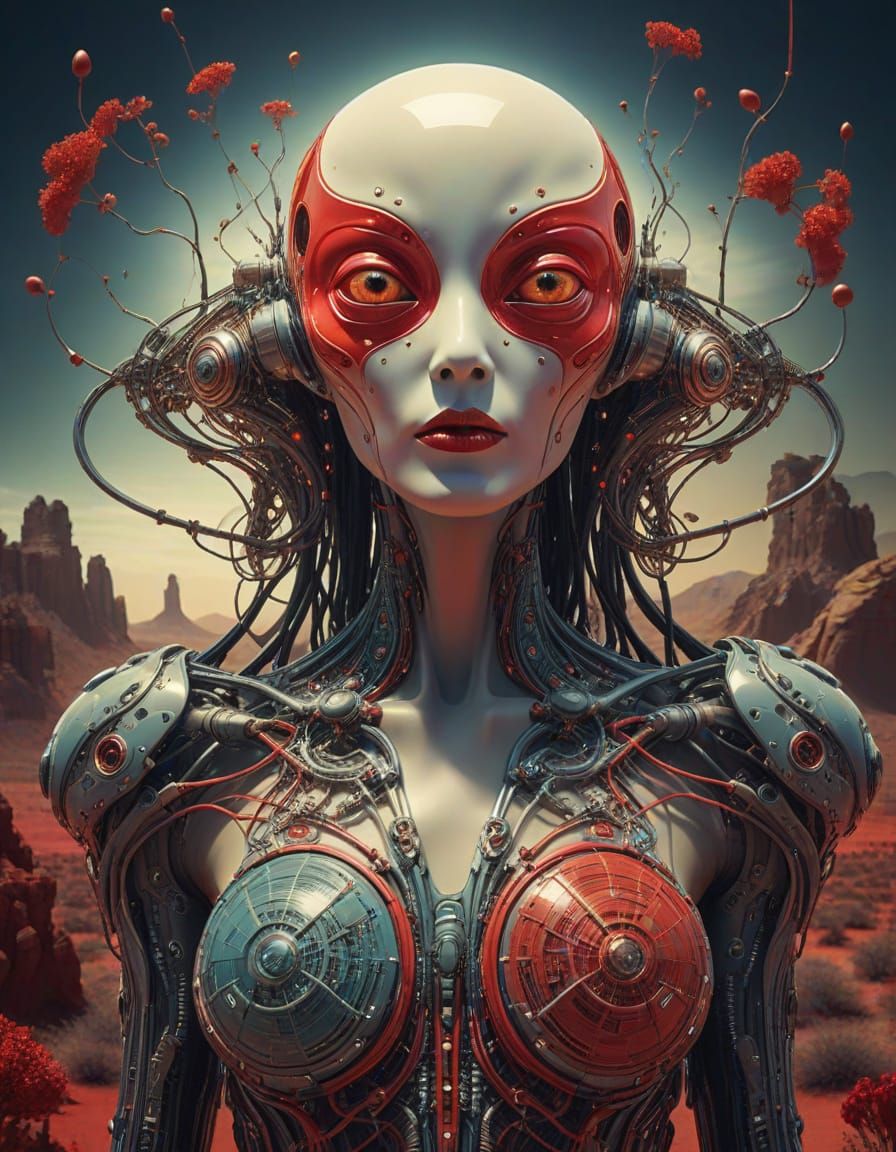 Ghostly Android in Mystical Red Landscape, Salvador Dali Sty...