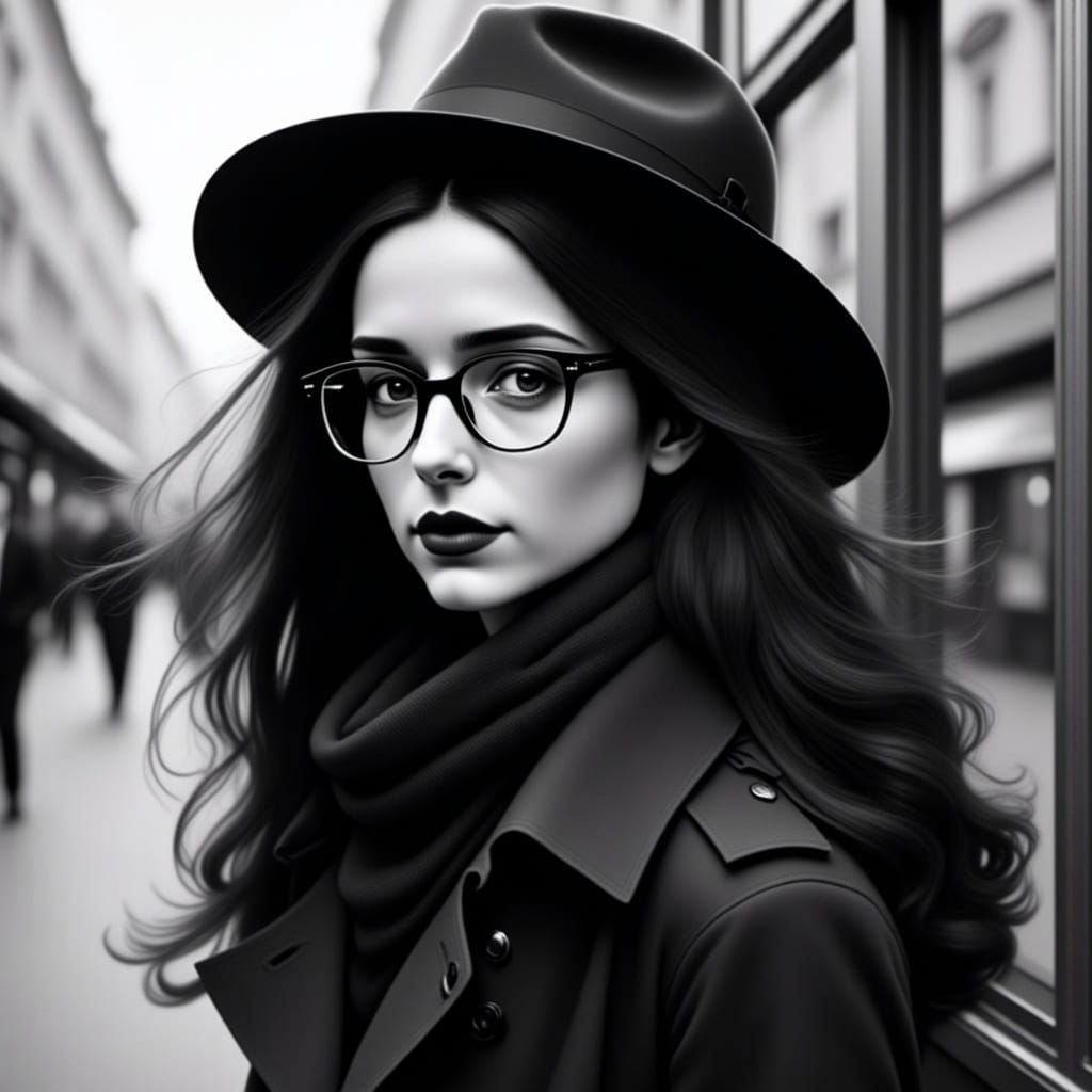 Black and White Portrait of Woman in Fedora