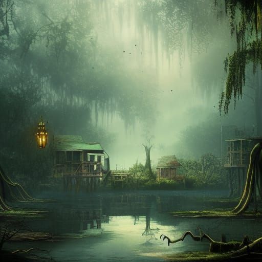 Steampunk Village in Post-Apocalyptic Bayou