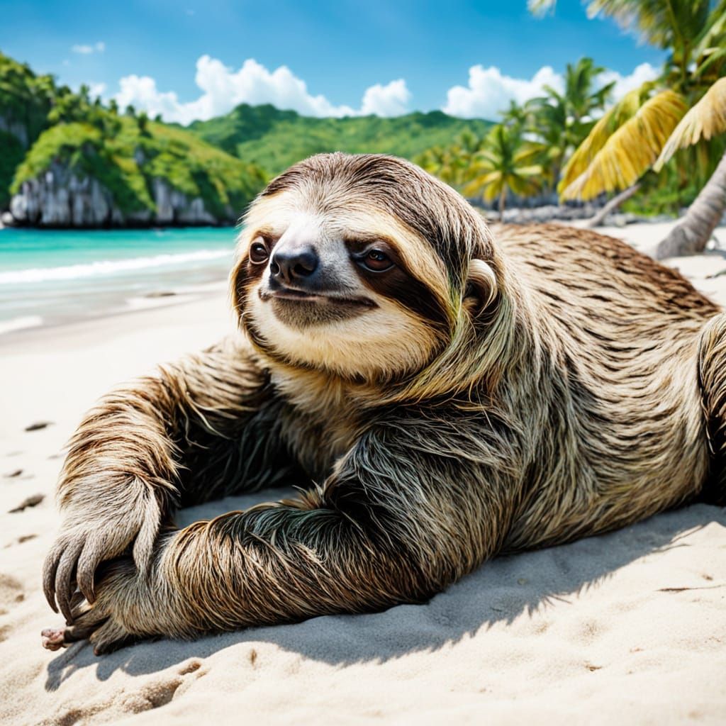 Sloth in Beach Scene, Relaxing in Tropical Paradise