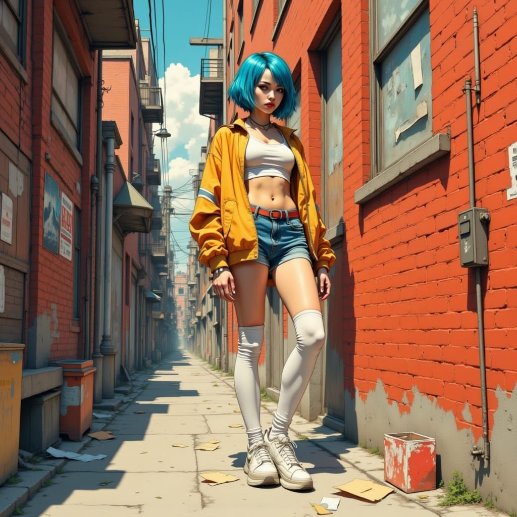 Futuristic Anime Girl in Urban Alleyway Art