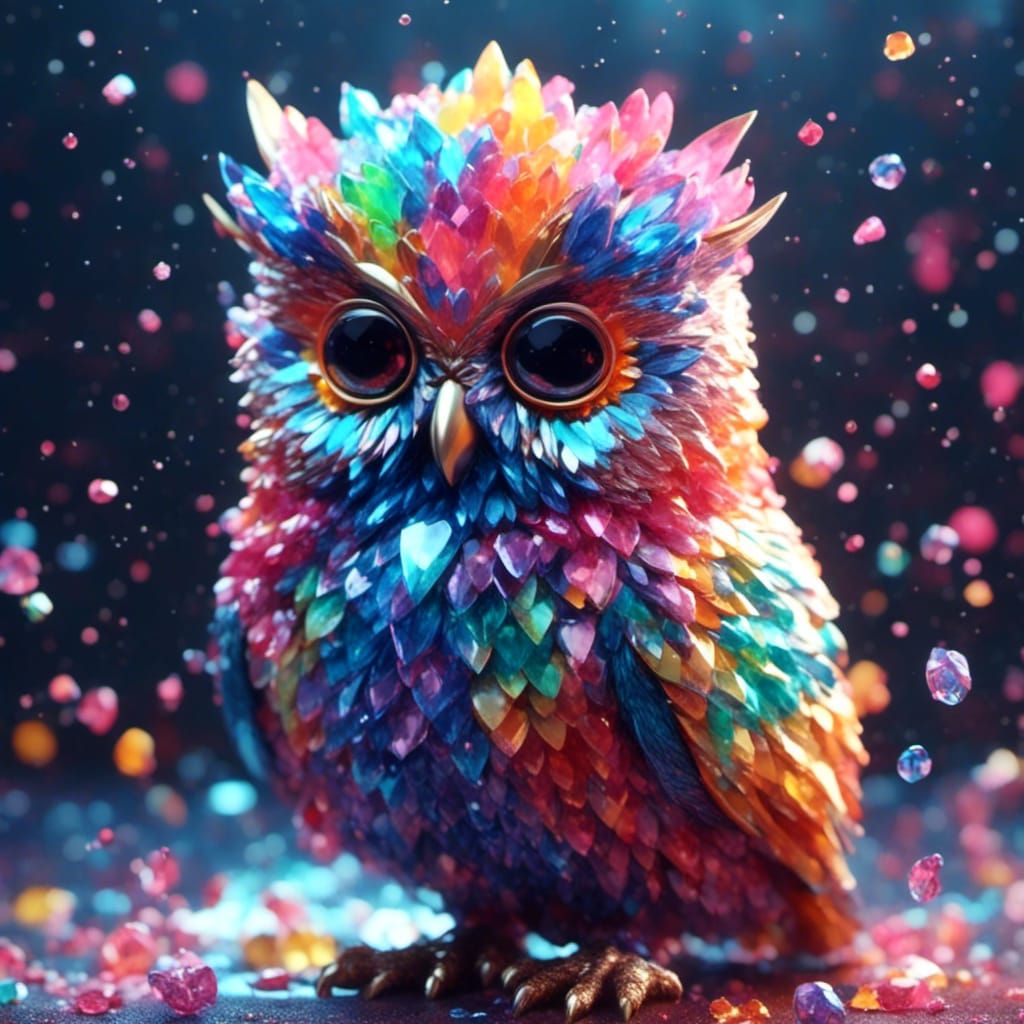 Rainbow Crystal Owl Chick in Anime Style