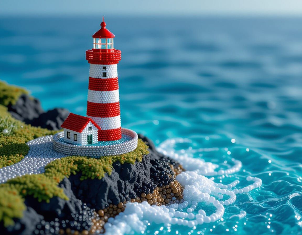 Beadwork Lighthouse on Rocky Cliff Overlooking Sparkling Sea