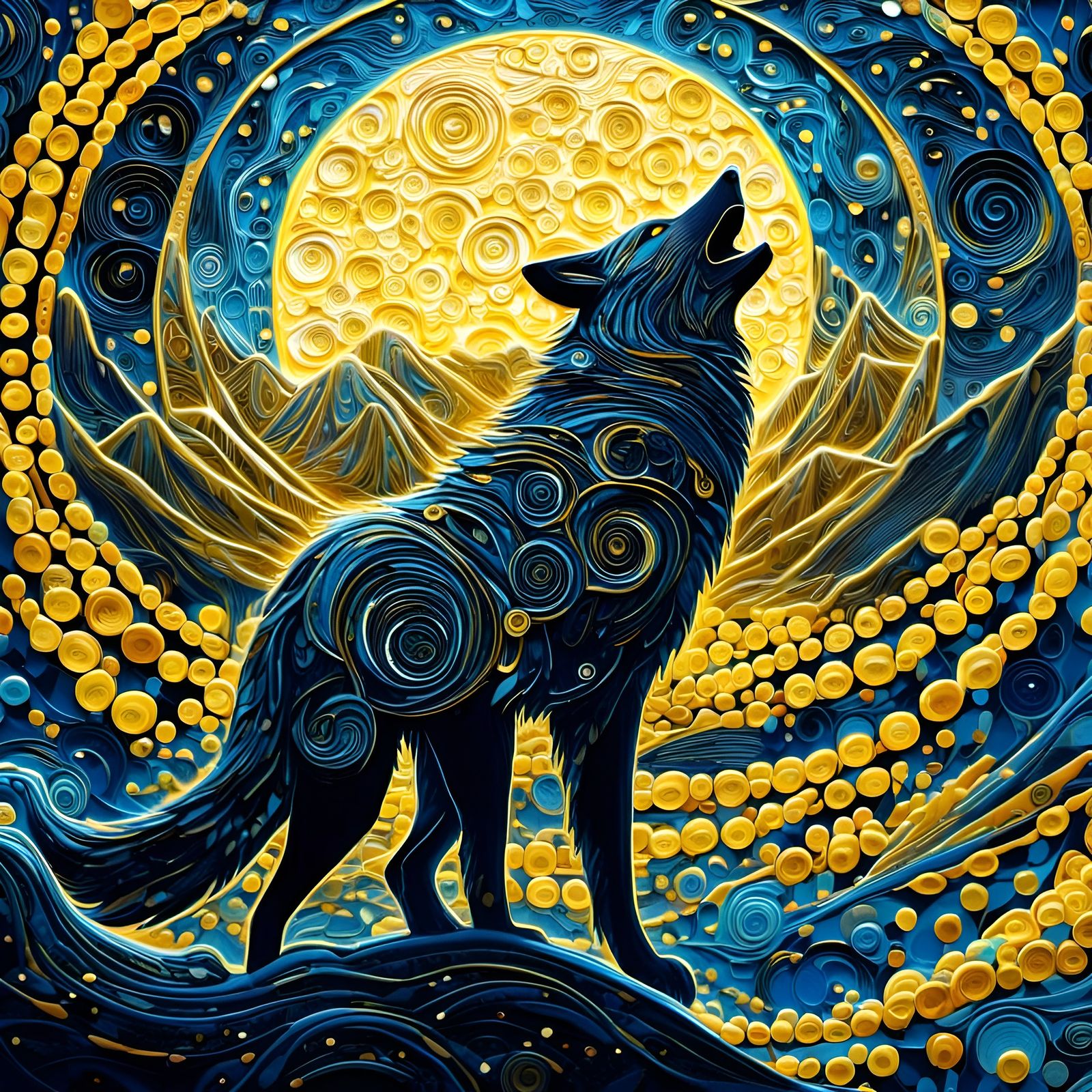 Werewolf Silhouette in Iridescent Geometric Night Sky
