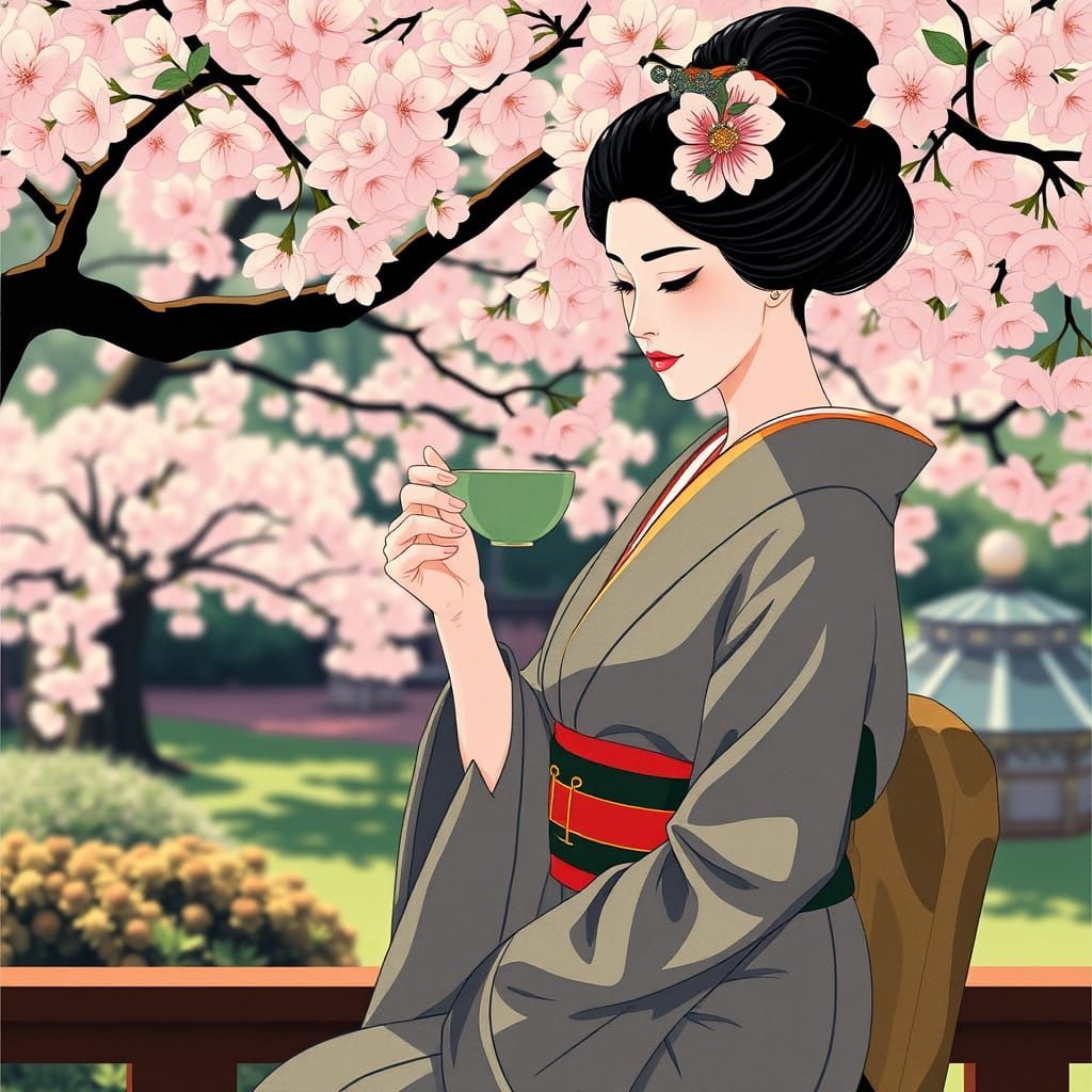 Geisha Enjoys Tea in Serene Japanese Garden