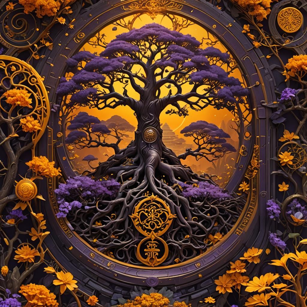 Tree of Life with Buddhist Symbols in Dark Fantasy Style