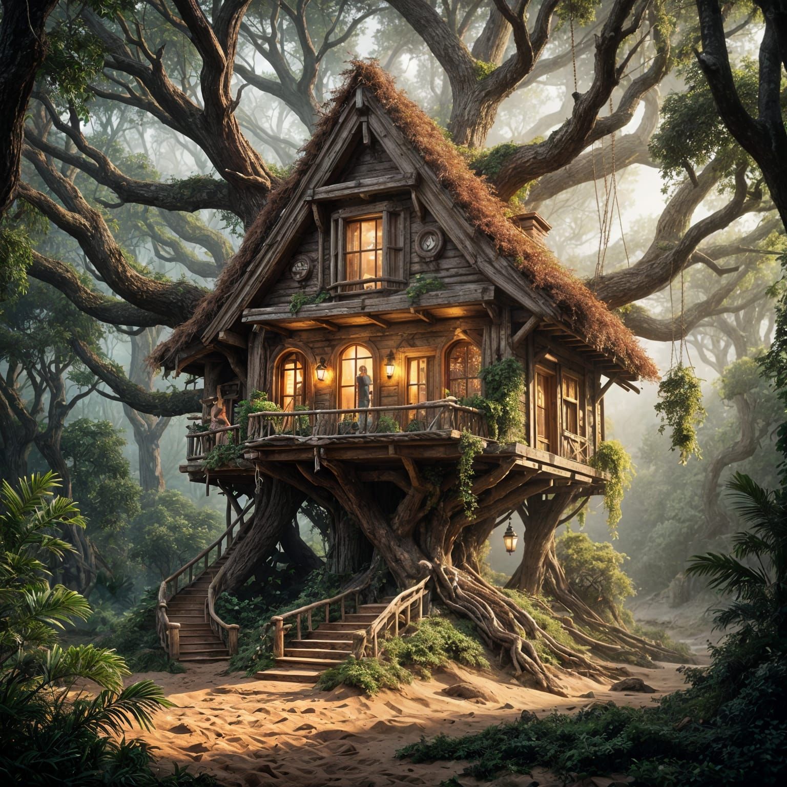 Ethereal Treehouse Amidst a Whirlwind of Sand and Vortex