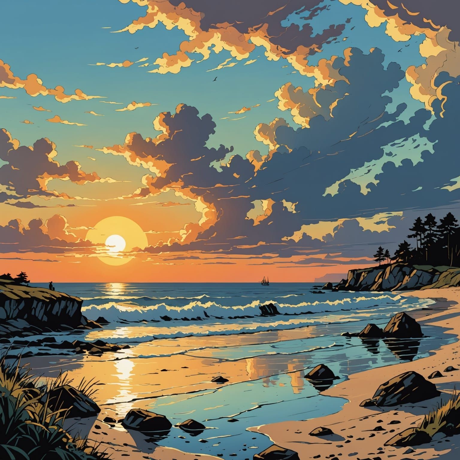 Fairytale Sunset Seashore in Rackham and Constable Style